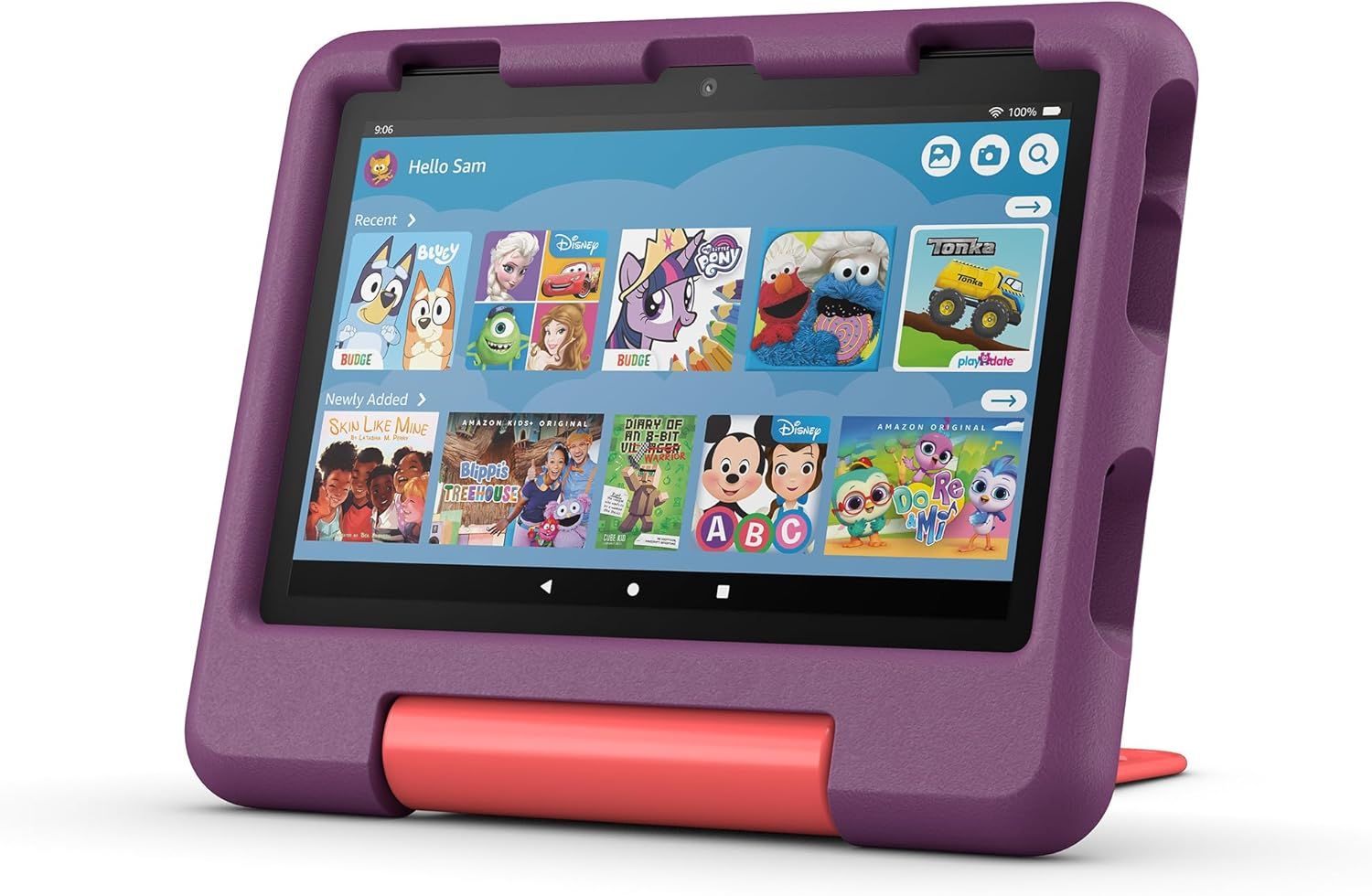 Demonstrates the tablet's kid-friendly user interface with personalized profiles and age-appropriate content to reassure parents that the device is designed specifically for children.