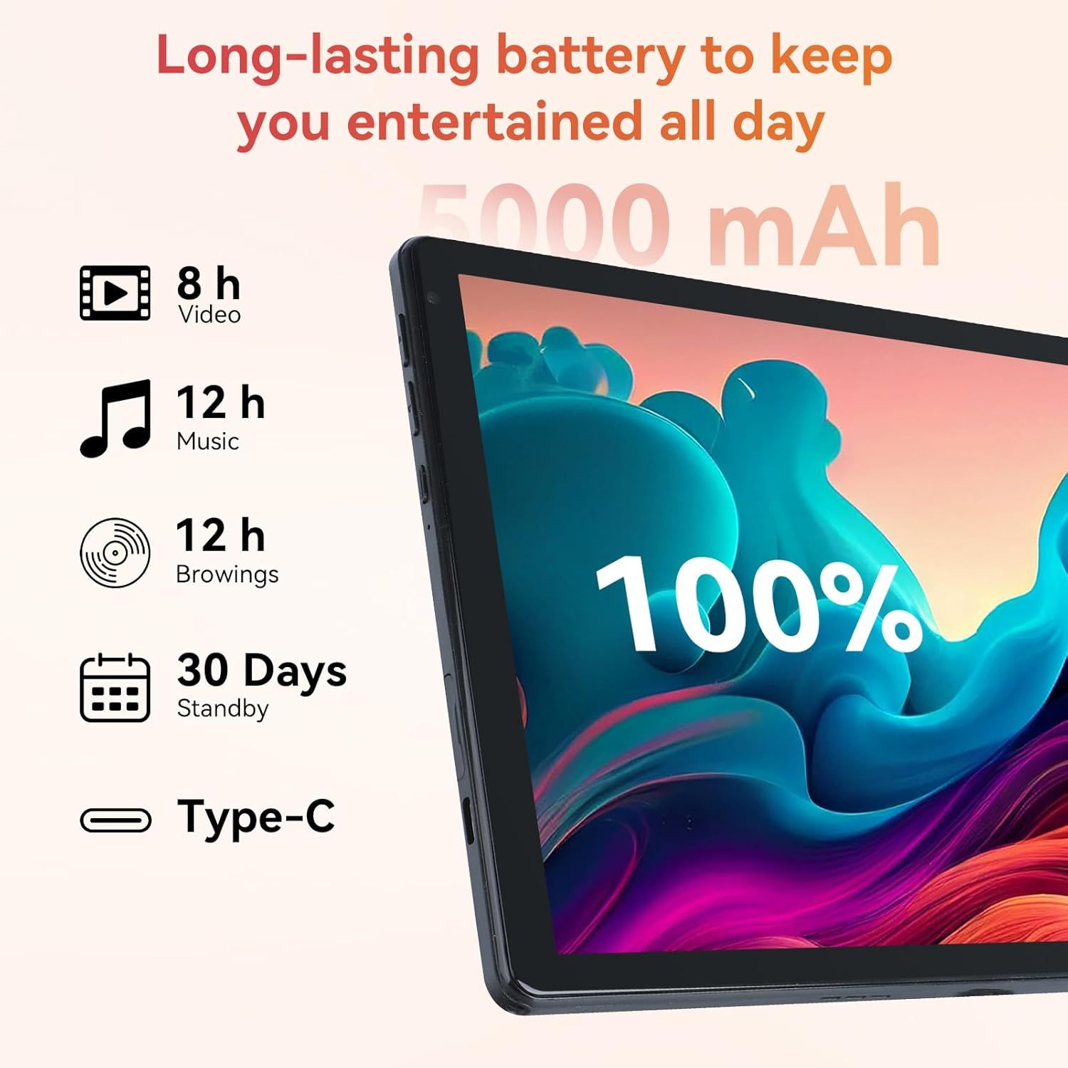 Communicates the tablet's comprehensive battery performance across multiple use cases, reassuring shoppers that the device will last throughout the day for various entertainment and productivity…