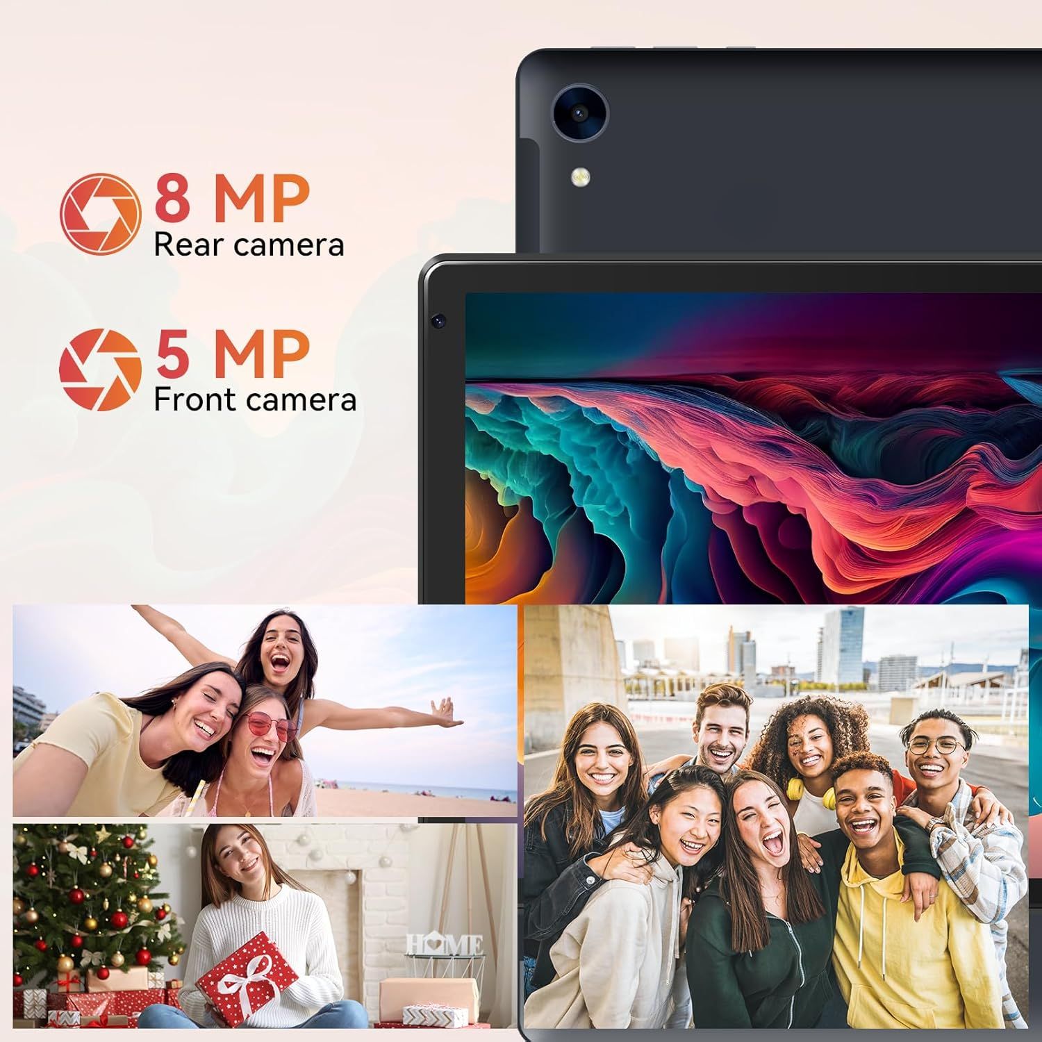 Highlights the tablet's dual camera specifications (8 MP rear and 5 MP front) to reassure shoppers of its photography and video calling capabilities, supported by lifestyle photos showing real-world…