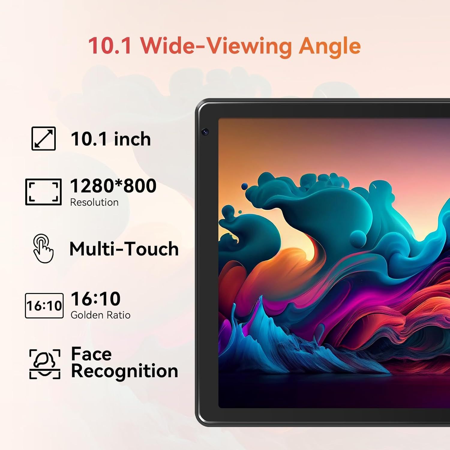 Communicates multiple technical specifications and features of the tablet display to help shoppers understand the screen quality, size, and functionality benefits.