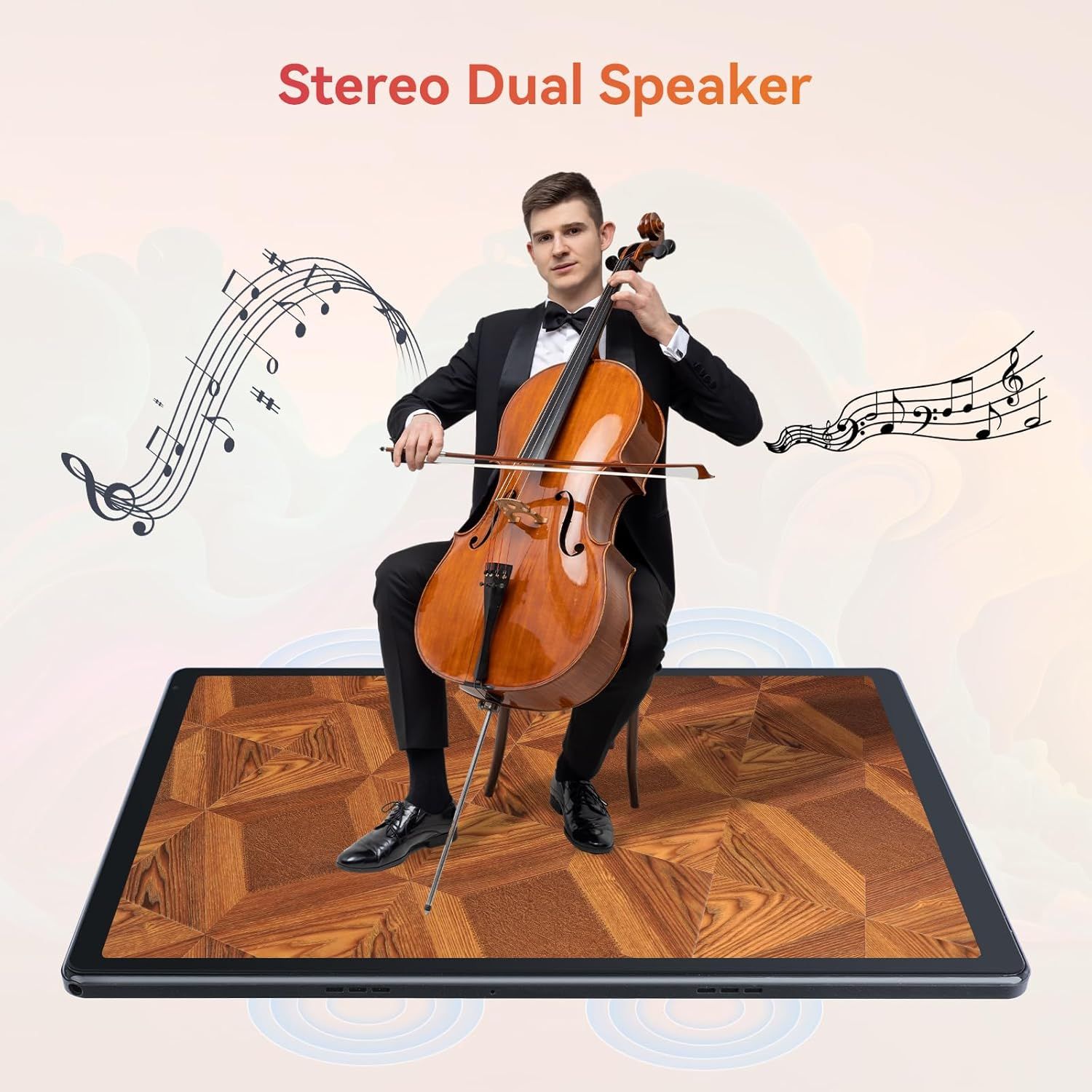 Communicates the tablet's stereo dual speaker audio capability through a creative visual metaphor of a cellist performing, emphasizing high-quality sound output.