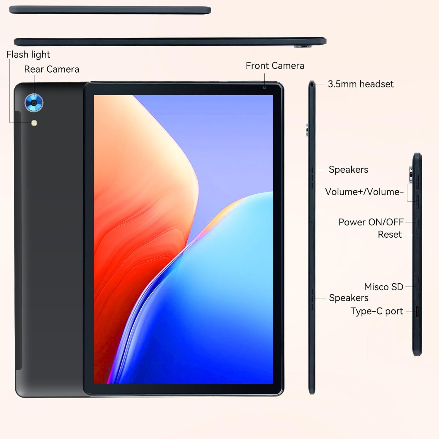 This image breaks down the tablet's physical components and port locations to help shoppers understand the device's hardware features and button placements.