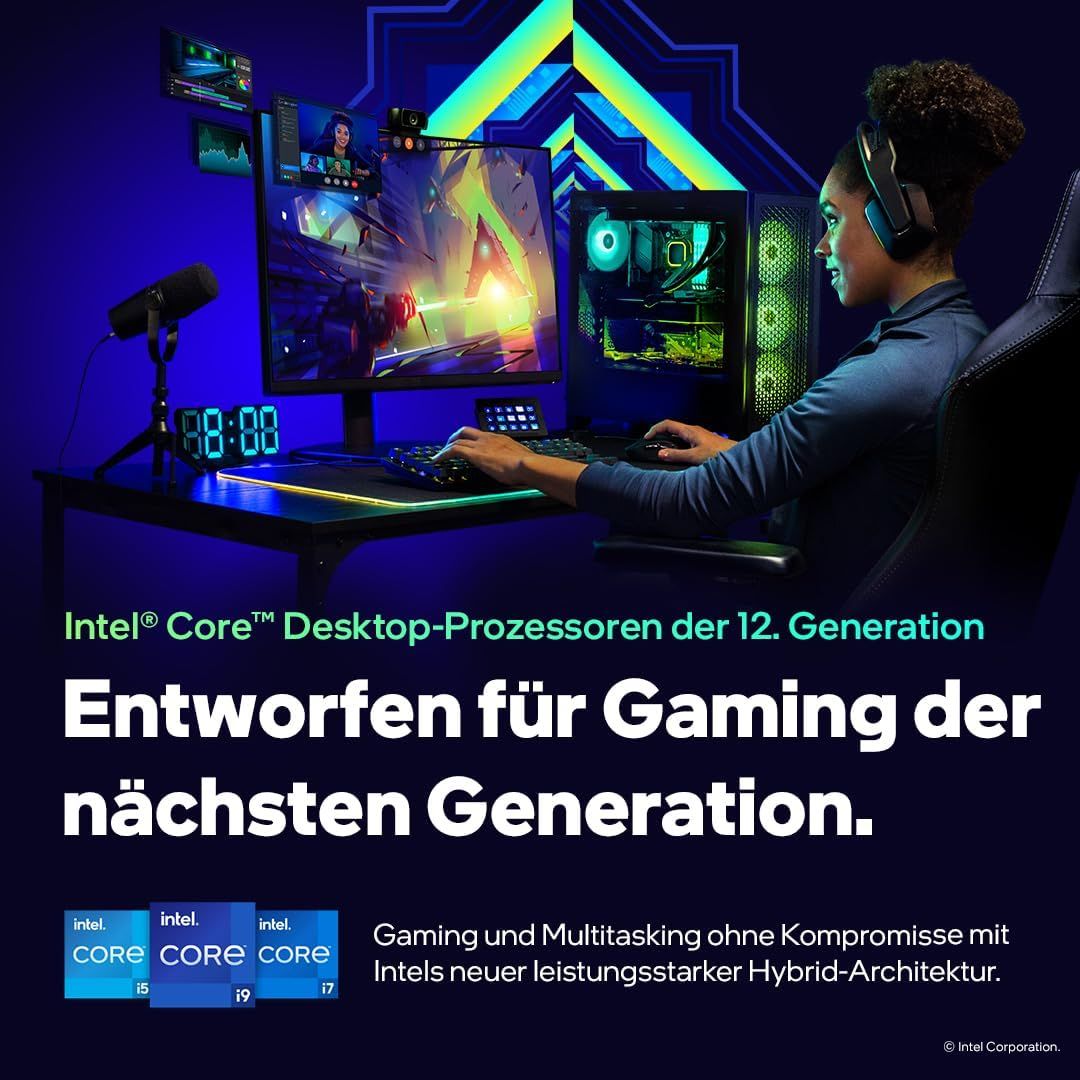 This image promotes Intel's brand and 12th generation Core processor lineup, emphasizing their gaming and multitasking performance with hybrid architecture. It builds brand trust and showcases the…
