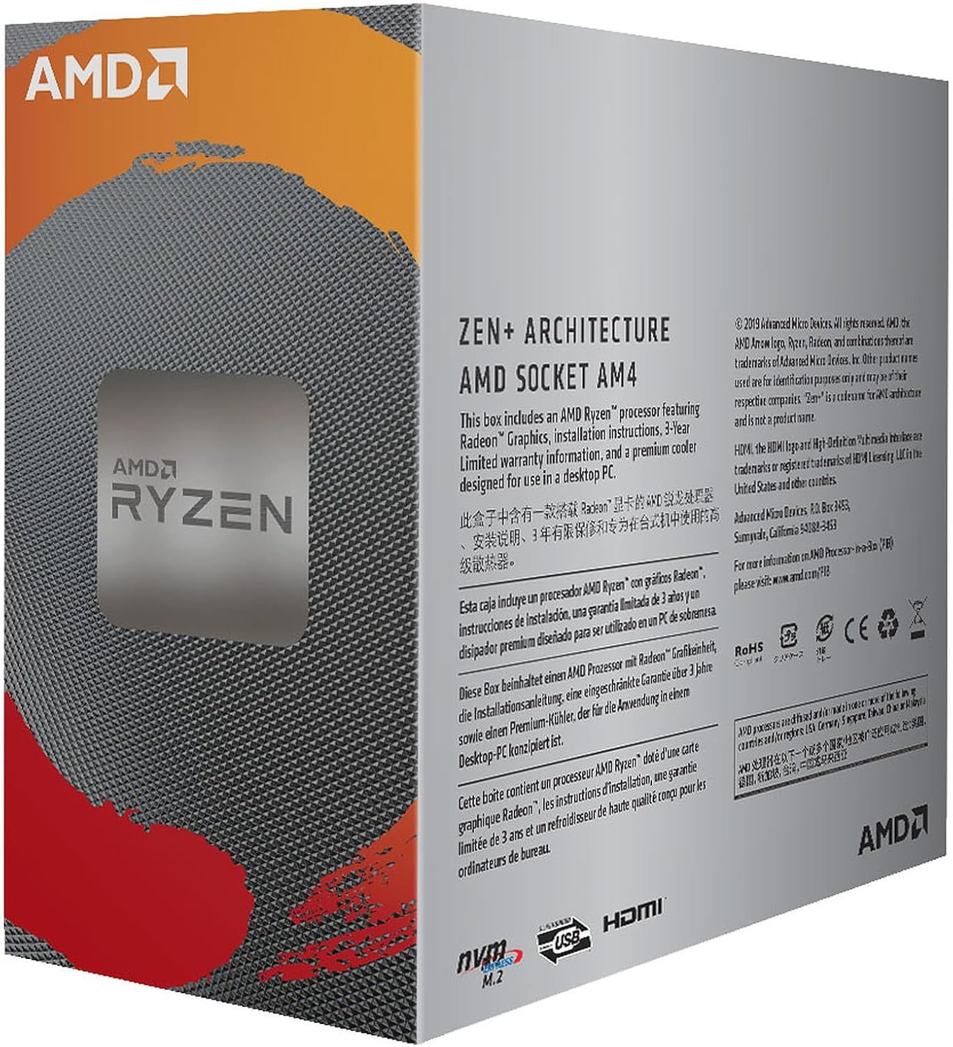 This image shows the product packaging and communicates what is included in the box, reassuring shoppers about the complete contents they will receive with their AMD Ryzen processor purchase.