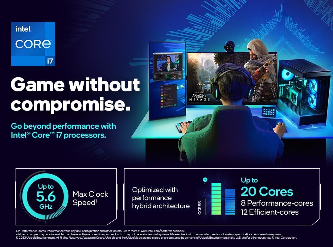 Communicates the Intel Core i7 processor's multiple performance benefits including high clock speed and hybrid core architecture to demonstrate gaming capability without compromise.