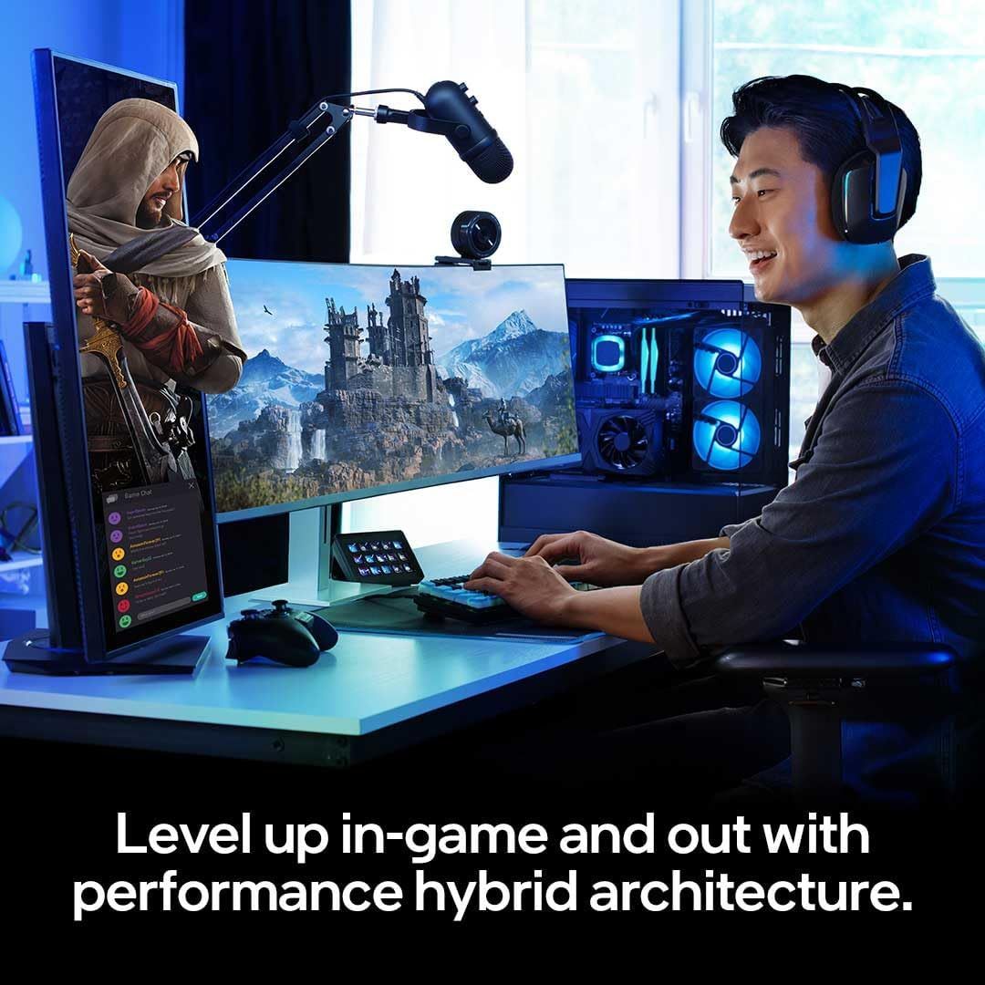 Showcases the product in a real-world gaming environment to help shoppers visualize the complete gaming experience and lifestyle appeal of the setup.