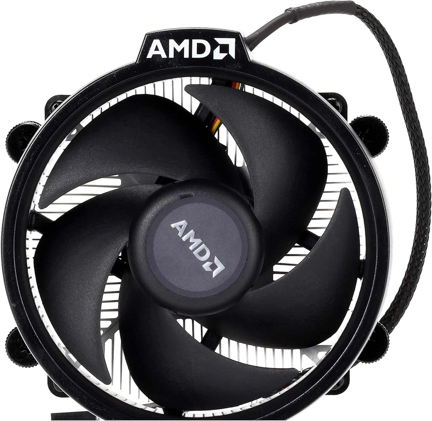 Displays the AMD CPU cooler fan on a clean white background to show the product clearly without distractions, allowing shoppers to see the design and branding.