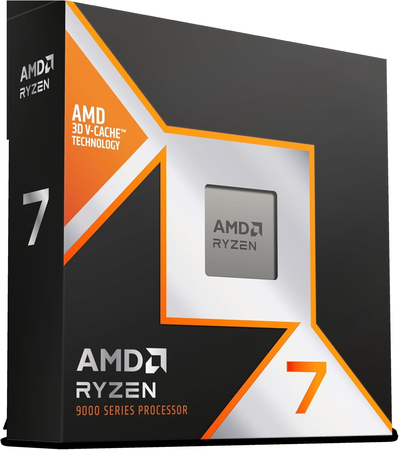 Shows the retail packaging of the AMD Ryzen 7 9000 Series processor to help shoppers identify the product and understand what they will receive.