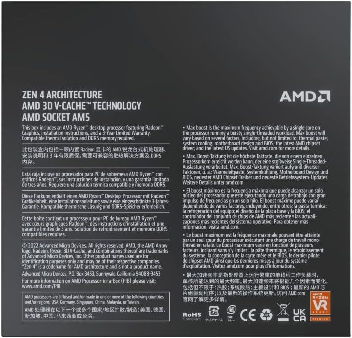 Informs the shopper about the technical specifications and what is included in the AMD Ryzen processor box, including compatibility requirements and installation instructions.