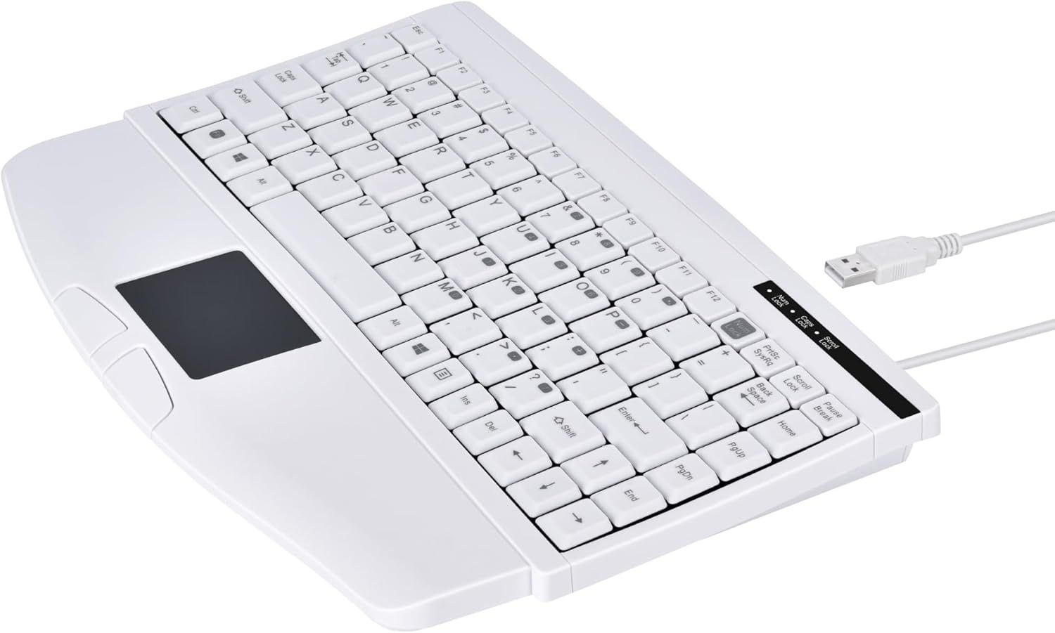 Displays the complete keyboard product on a clean white background to show its design, layout, and included USB cable connection.