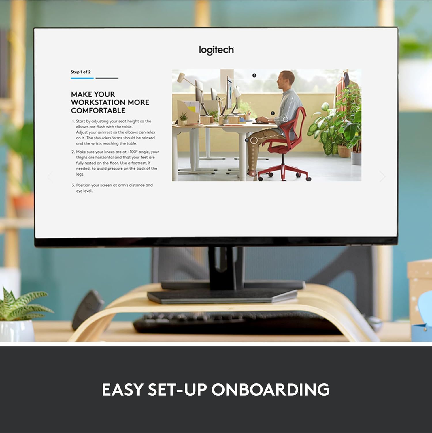 Provides step-by-step instructions on how to set up an ergonomic workstation for comfort and proper posture, reassuring shoppers that the product is easy to configure correctly. Communicates that…