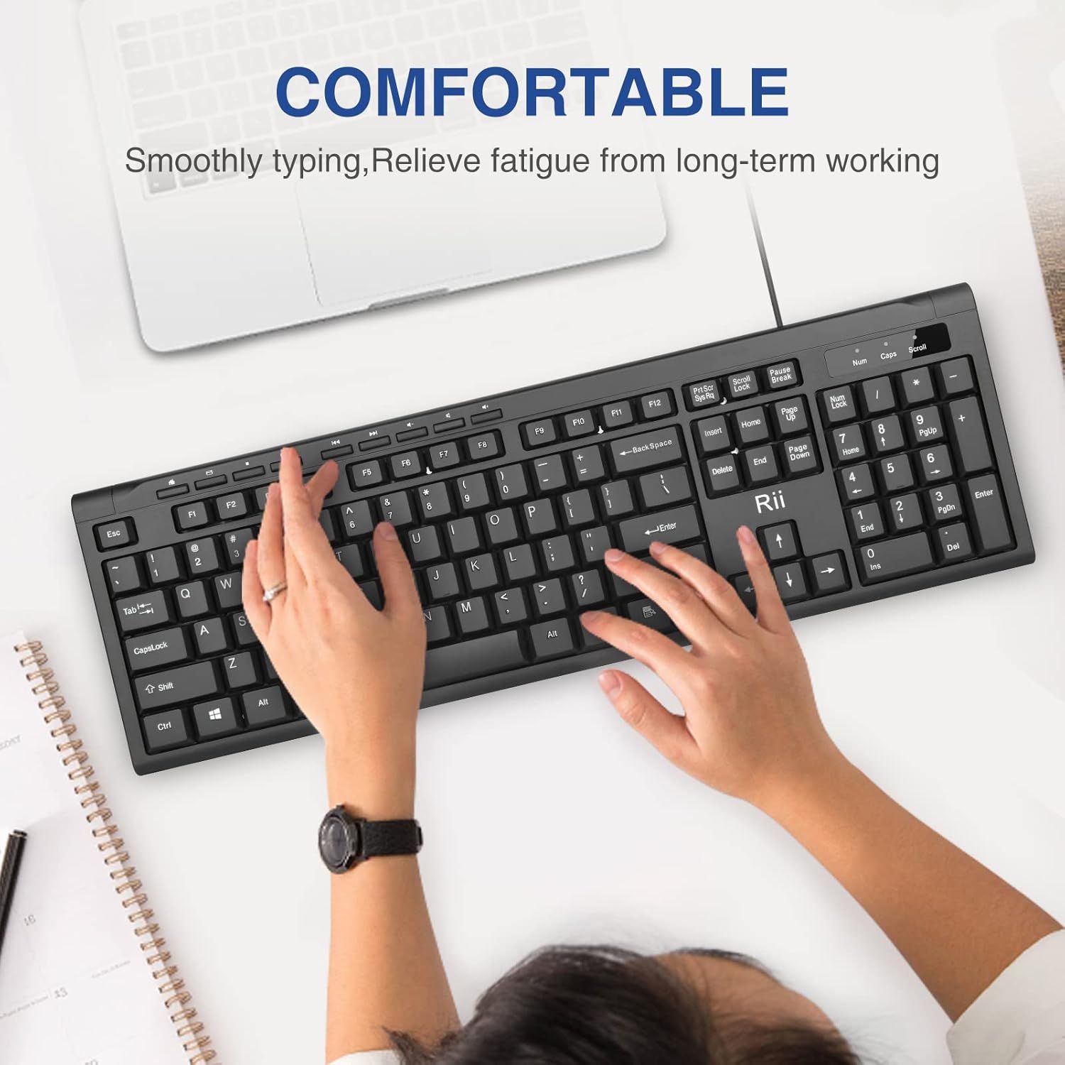 Communicates that the keyboard provides a comfortable typing experience and helps relieve fatigue during long work sessions, reassuring shoppers about ergonomic benefits.