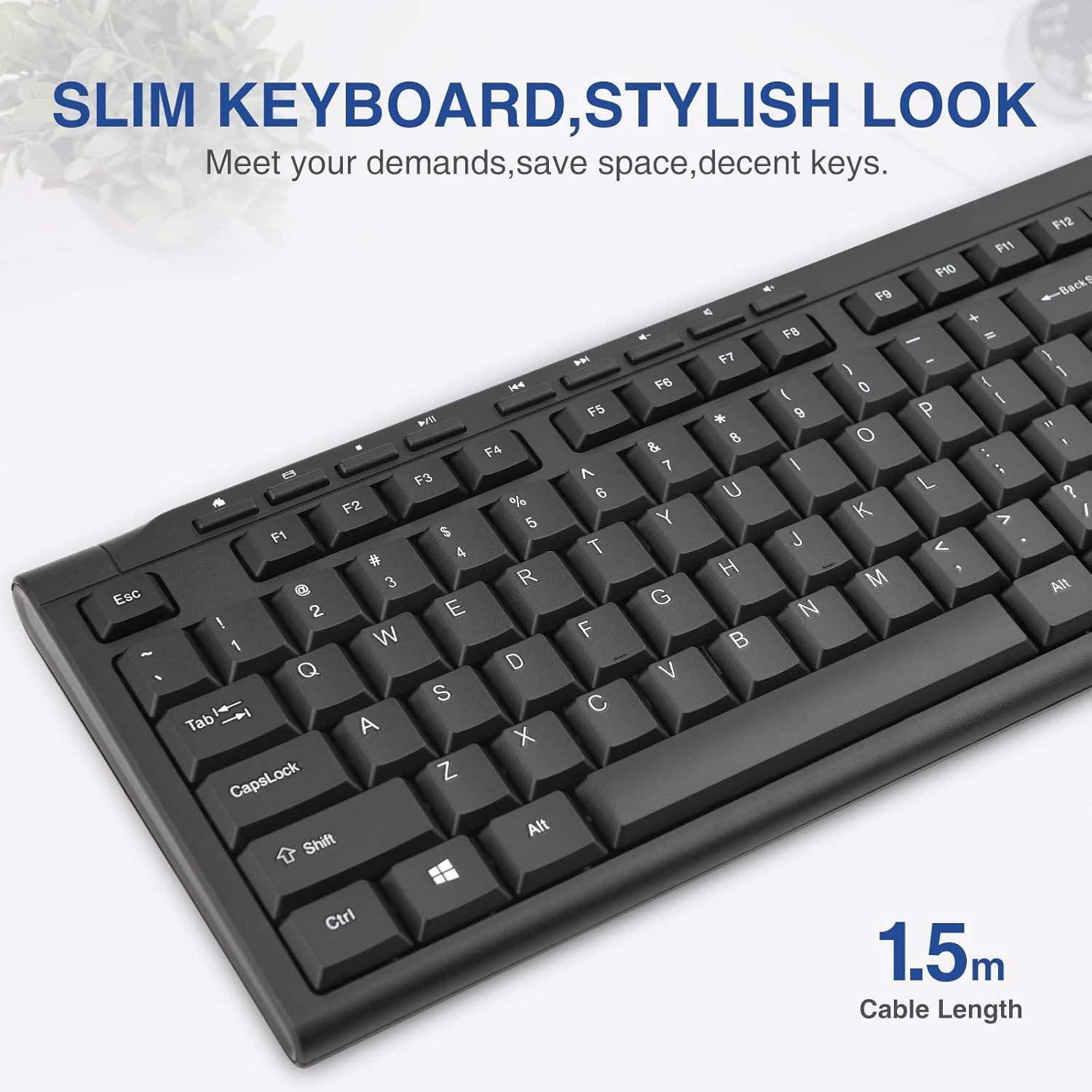 Communicates multiple benefits of the keyboard including its slim profile, space-saving design, stylish look, and includes a technical specification (1.5m cable length) to help shoppers understand…