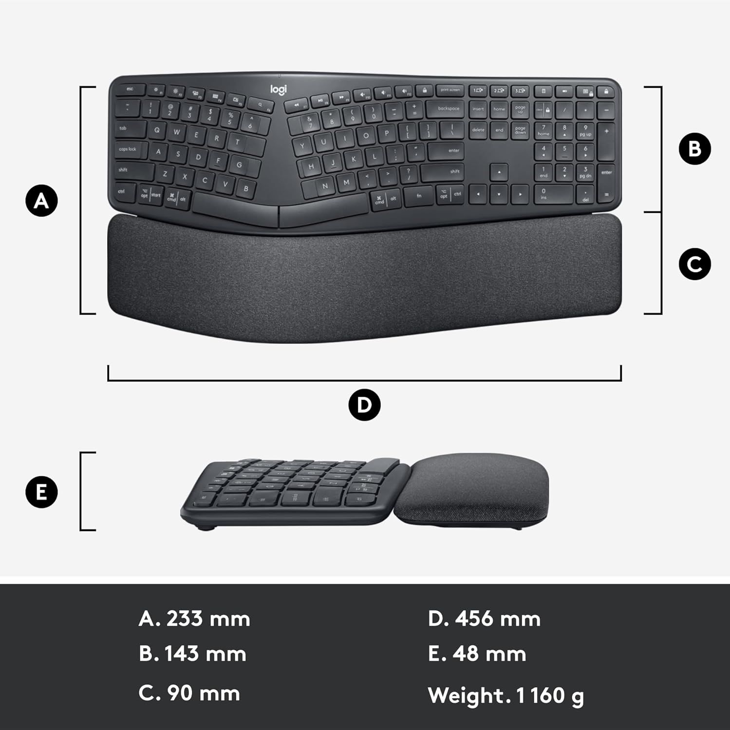 Provides exact measurements (height, width, depth, weight) with labeled arrows to help shoppers understand the physical size and weight of the keyboard.