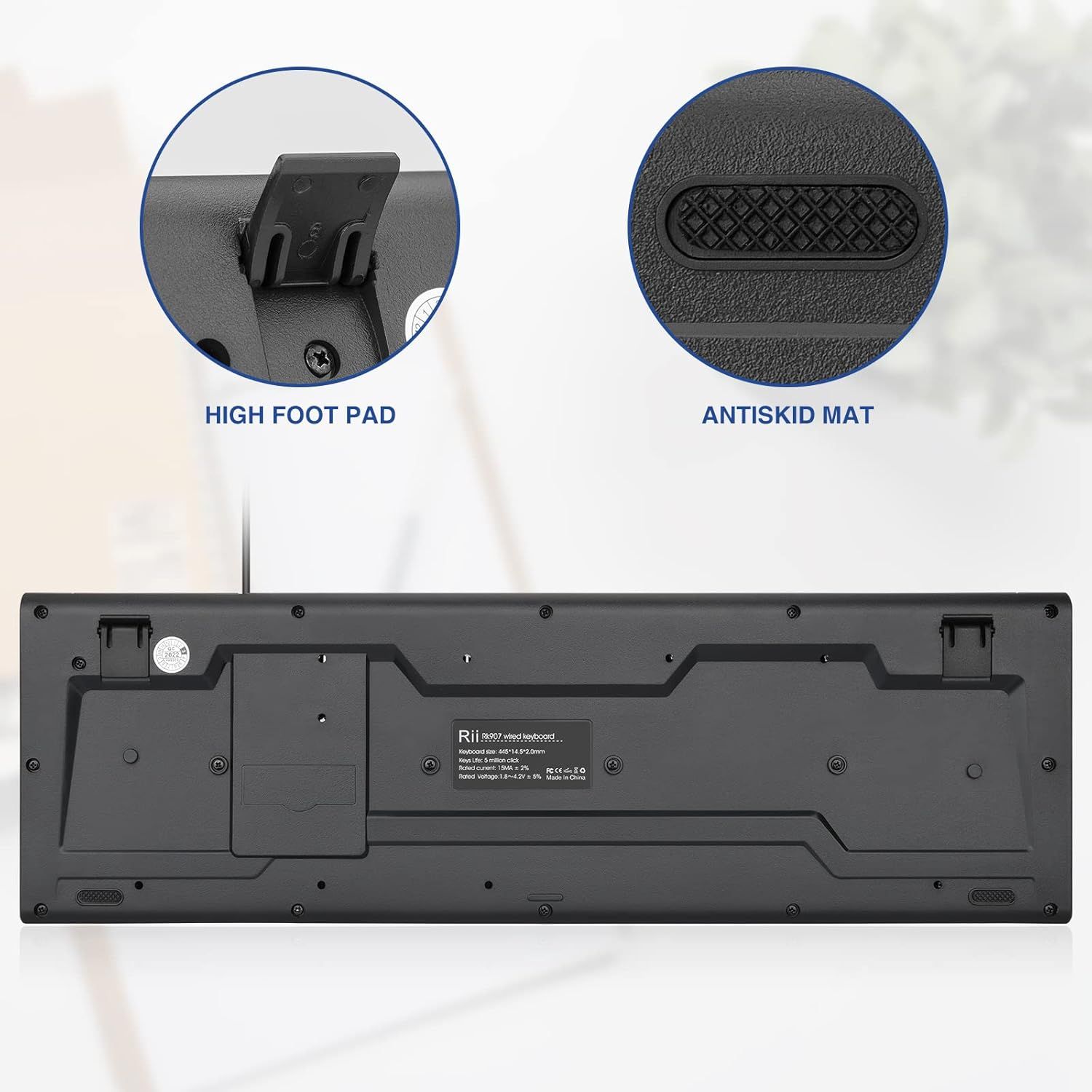 Highlights the physical components of the keyboard's underside—the high foot pad for angle adjustment and the antiskid mat for stability—to reassure shoppers about the product's thoughtful design…