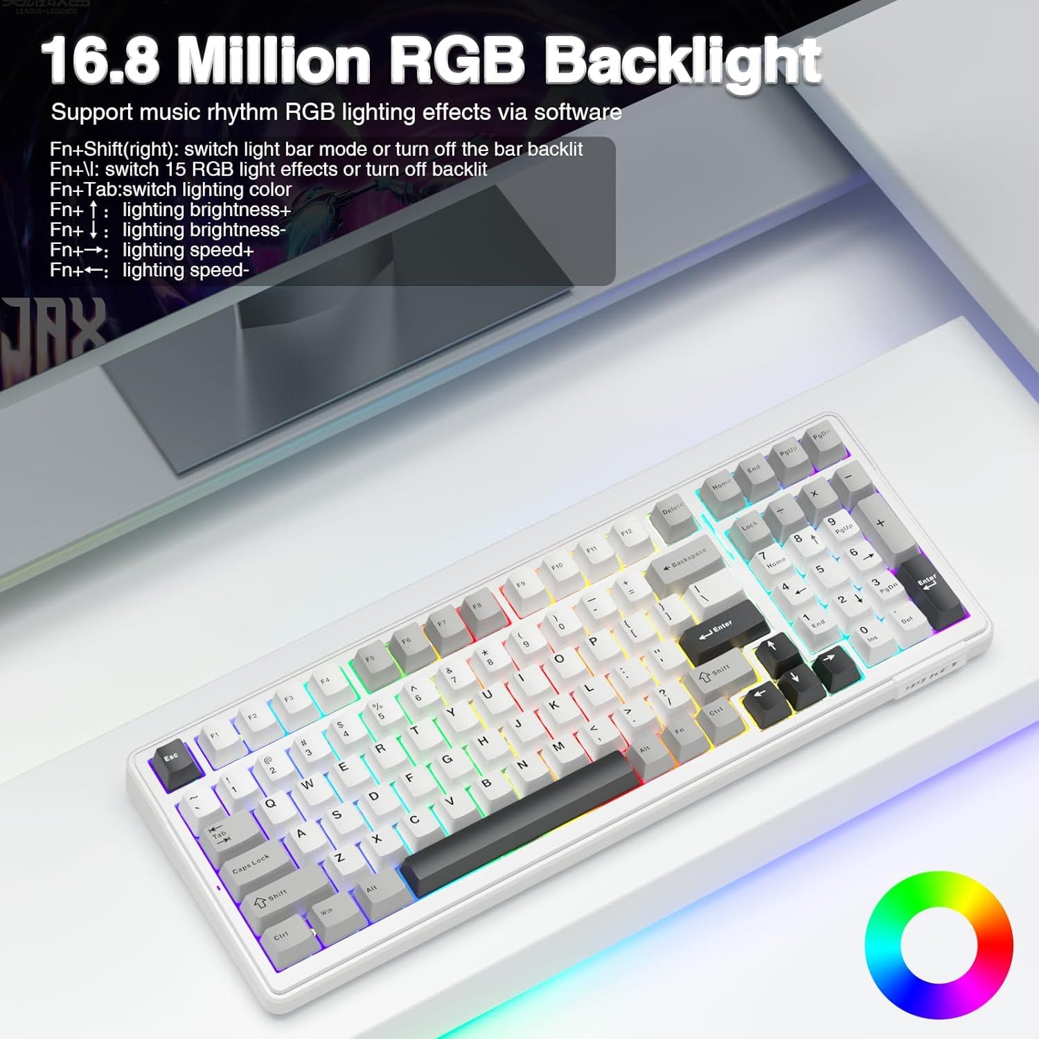 Explains how to control the keyboard's RGB backlight features using specific keyboard shortcuts, showing shoppers the customization options available. Highlights the extensive RGB lighting…