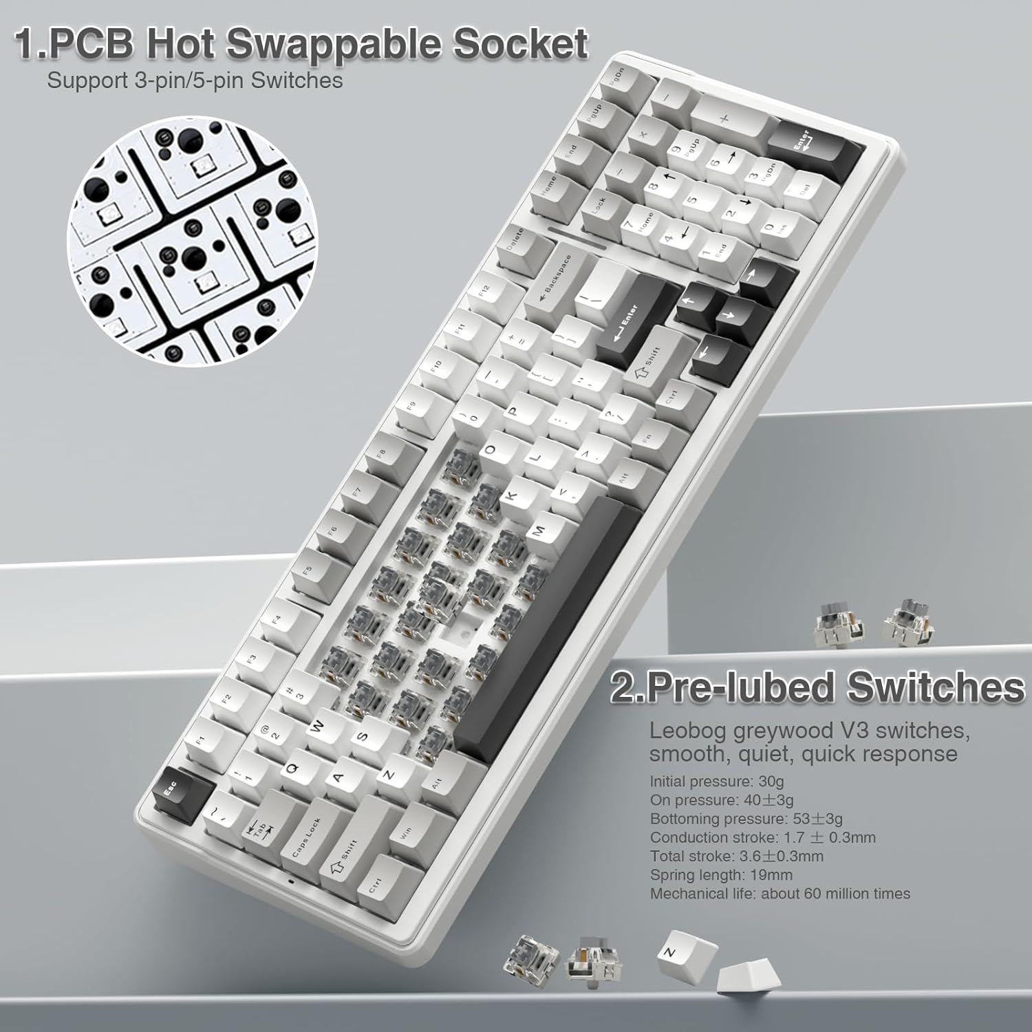 Communicates two distinct technical benefits of the keyboard: the hot-swappable socket feature that supports 3-pin/5-pin switches, and the pre-lubed Leobog greywood V3 switches with detailed…