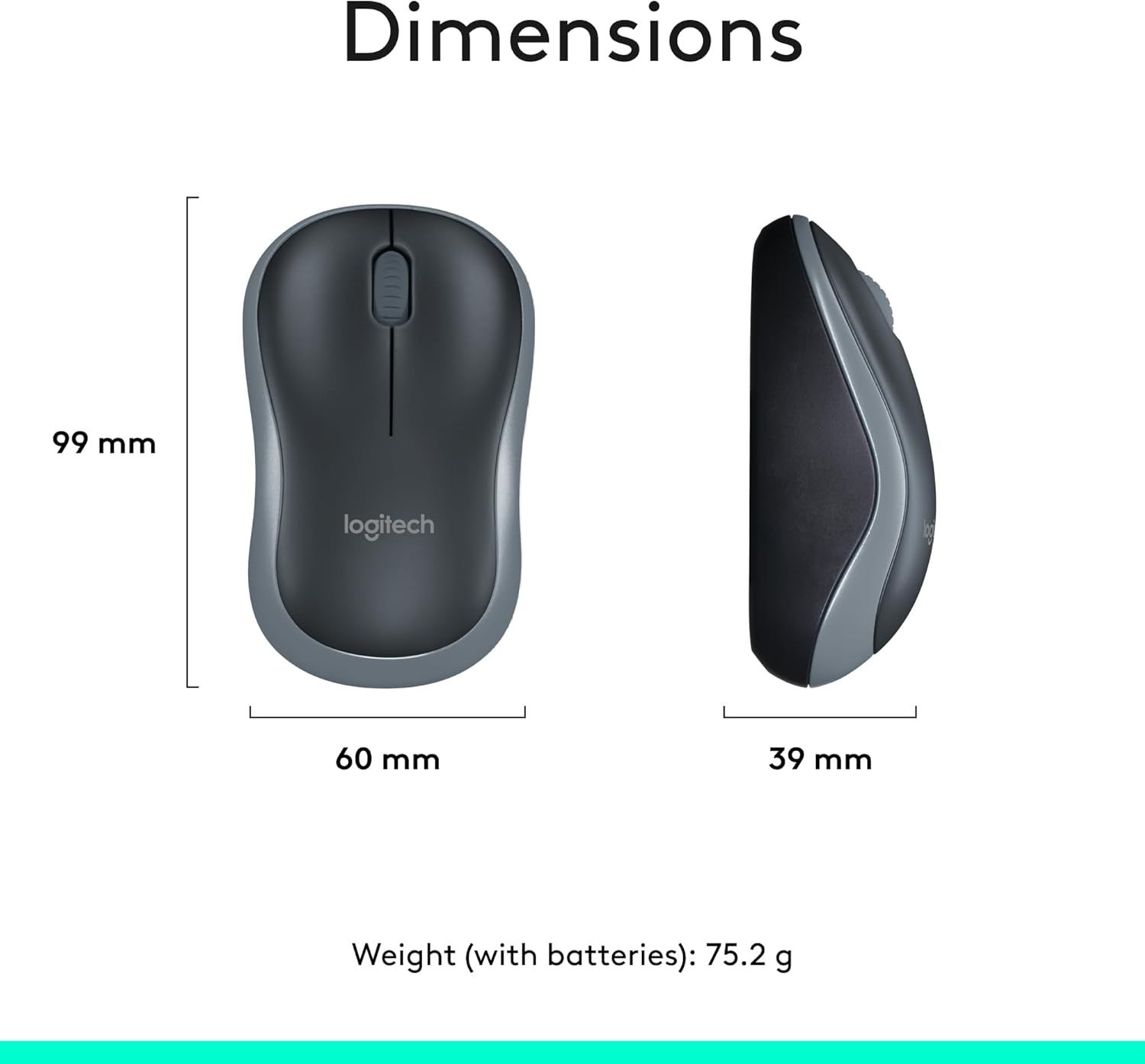 Communicates the exact physical size and weight of the mouse to help shoppers understand how compact and lightweight it is for portability and comfort.