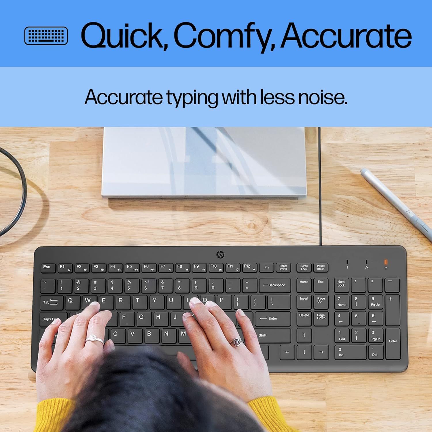 Communicates that the keyboard provides accurate typing with reduced noise, emphasizing comfort and precision for a better user experience.