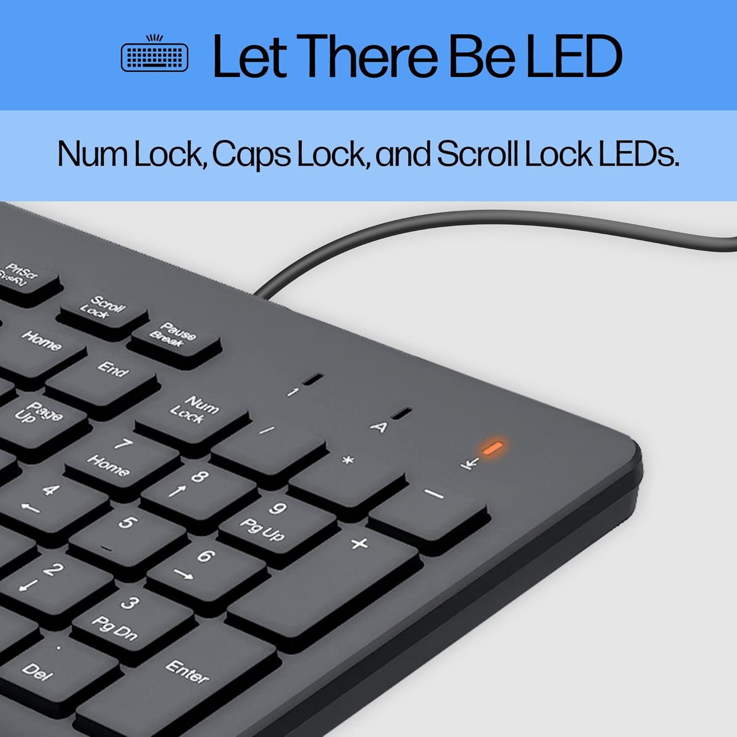 Highlights the keyboard's LED indicators for Num Lock, Caps Lock, and Scroll Lock to communicate enhanced usability and visual feedback for key lock states.