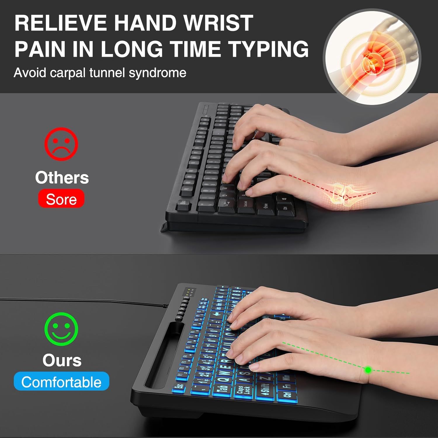 Demonstrates how this keyboard prevents wrist pain and carpal tunnel syndrome compared to competing keyboards, showing the ergonomic advantage with proper wrist alignment. Highlights the primary…