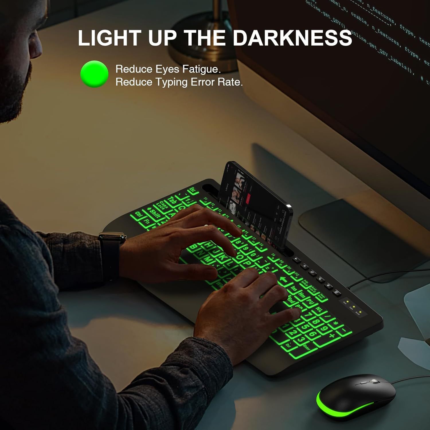 Communicates that the backlit keyboard feature helps users work comfortably in dark environments by reducing eye strain and improving typing accuracy.