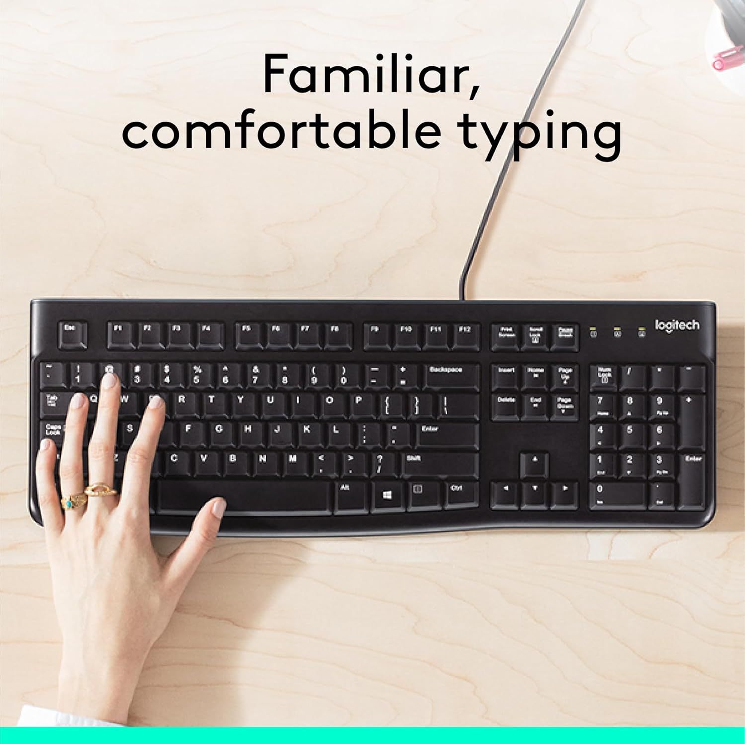 Communicates that the keyboard offers a comfortable, familiar typing experience to reassure shoppers about ease of use and ergonomic design.