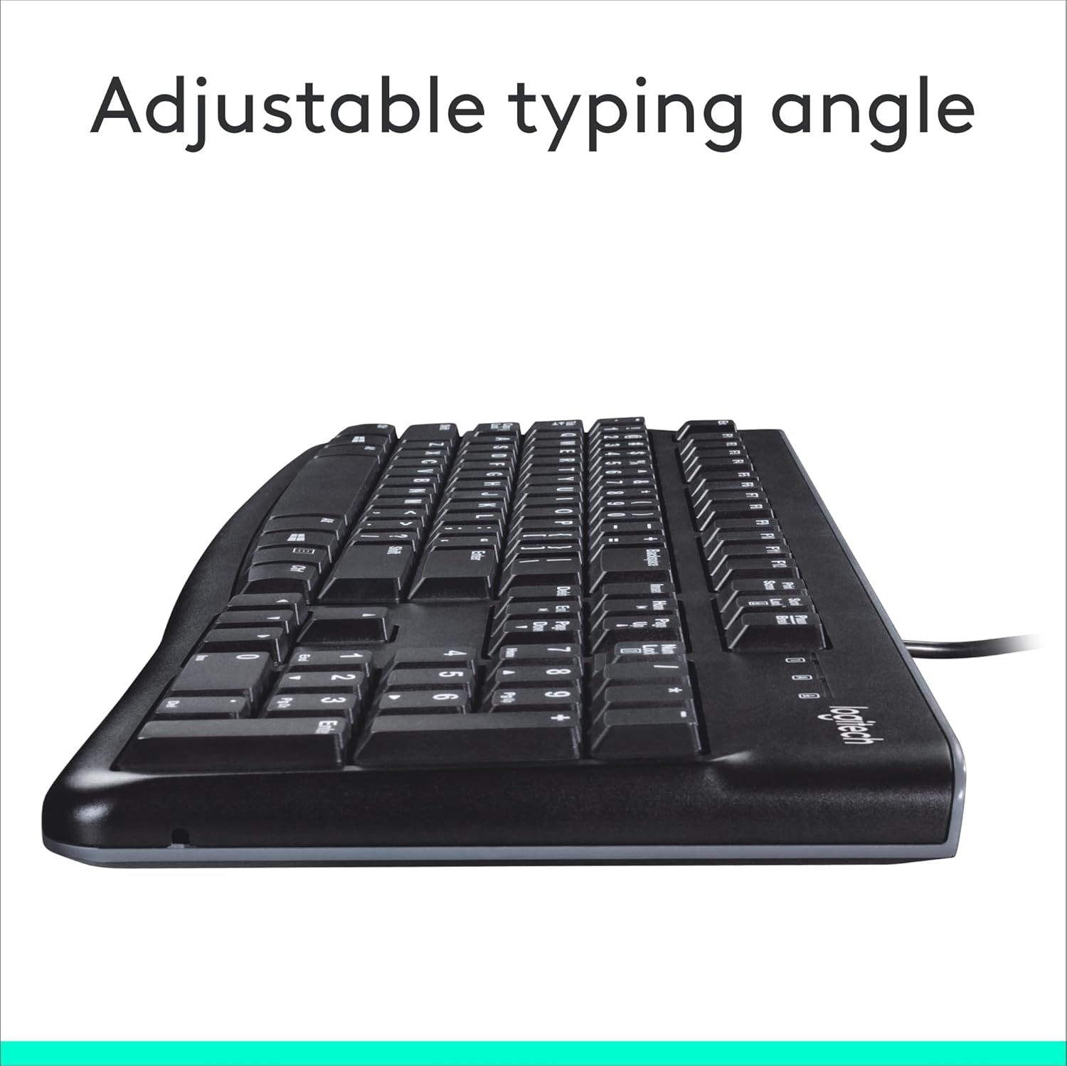 Highlights the ergonomic benefit of the keyboard's adjustable angle feature, reassuring shoppers that they can customize their typing position for comfort.