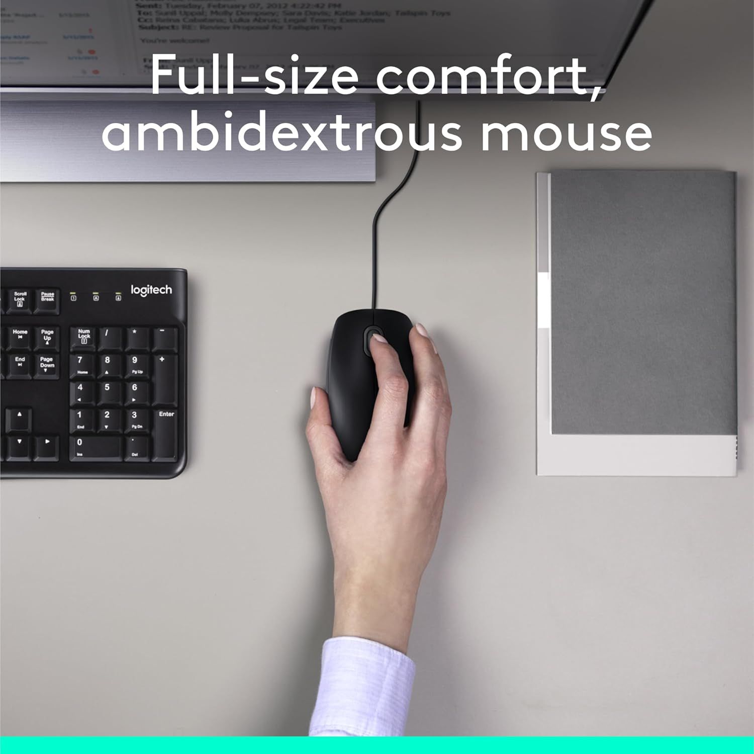 Communicates that the mouse is designed for comfortable full-size use and can be used by both left and right-handed users, reassuring shoppers of ergonomic versatility.
