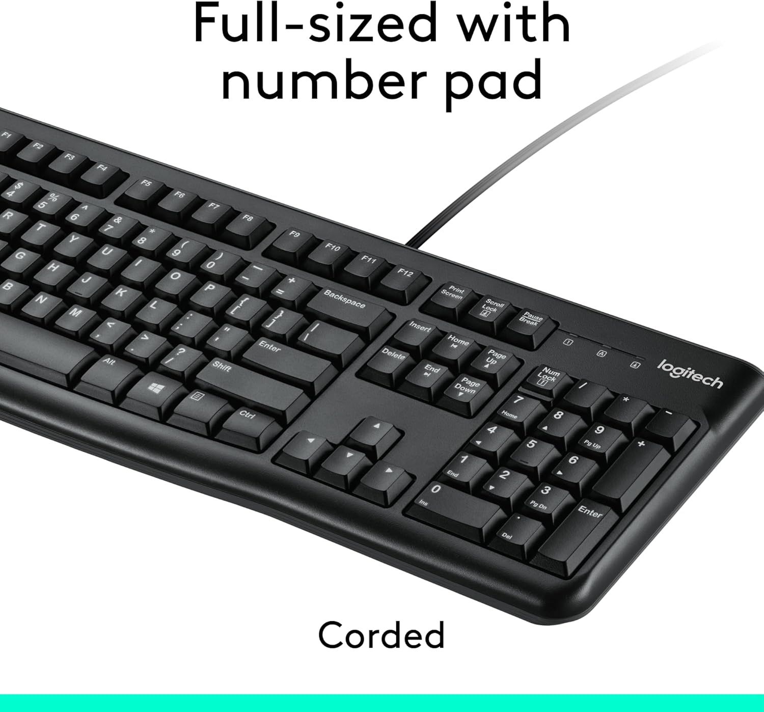 Highlights that the keyboard is full-sized with a dedicated number pad and uses a corded connection, reassuring shoppers looking for a complete, reliable keyboard setup.