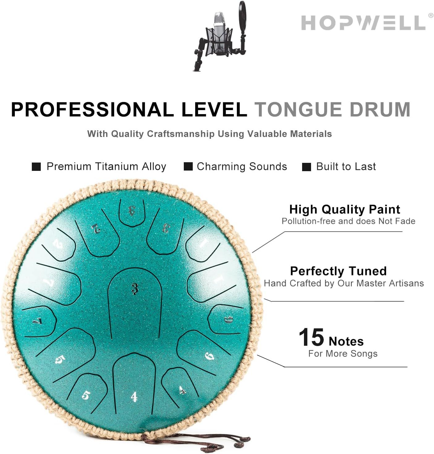 Communicates multiple selling benefits of the tongue drum including material quality, sound characteristics, durability, paint quality, craftsmanship, and musical versatility to demonstrate…