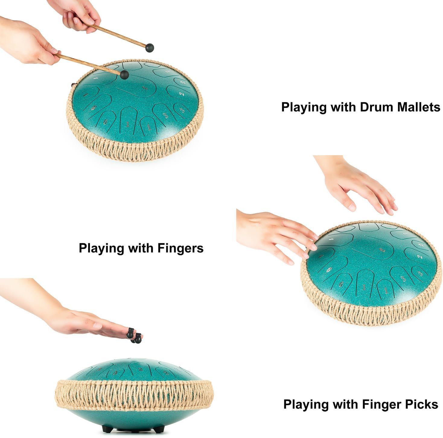 Demonstrates three different ways to play the steel tongue drum (with mallets, fingers, and finger picks) to show versatility and ease of use for different skill levels and preferences. Shows…