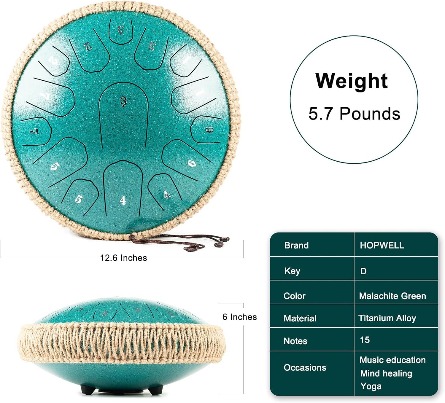 Communicates the exact physical size (12.6 inches diameter, 6 inches height) and weight (5.7 pounds) of the steel tongue drum to help shoppers understand its portability and space requirements.…