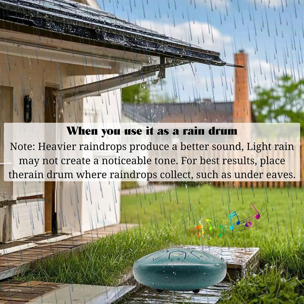 Explains how to use the product as a rain drum and provides placement guidance to optimize the sound quality by positioning it where raindrops collect. Highlights the unique rain drum feature of the…