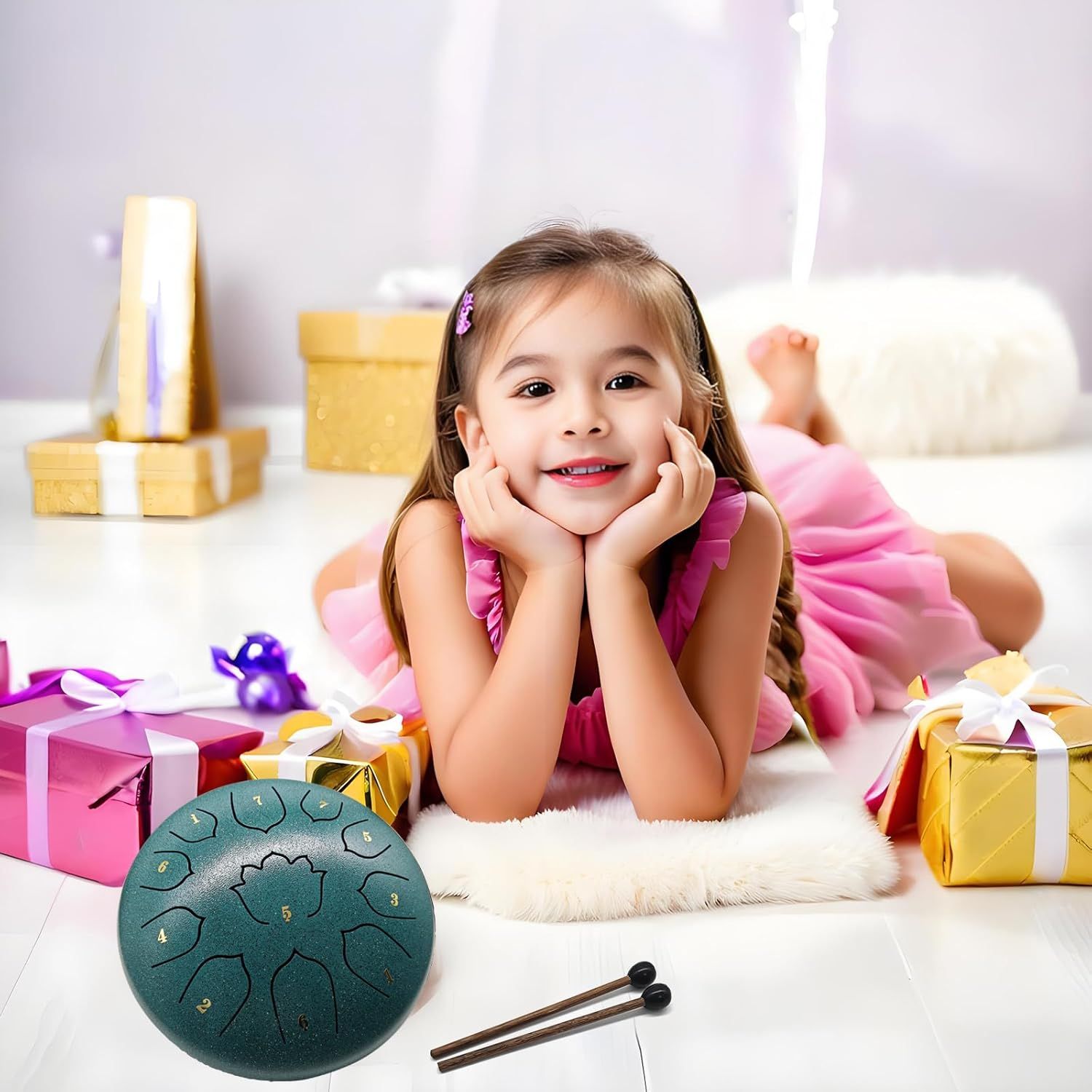 Positions the product as a perfect gift for children during holidays or special occasions, using festive gift boxes and a joyful child to create emotional appeal and gifting context.