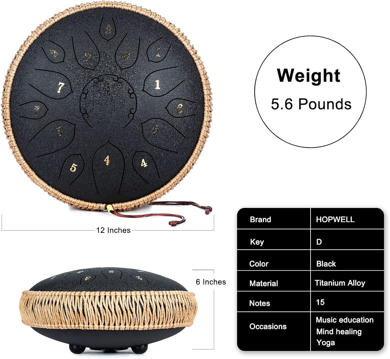 Communicates the exact physical size (12 inches diameter, 6 inches height) and weight (5.6 pounds) of the steel tongue drum to help shoppers understand its portability and space requirements.…