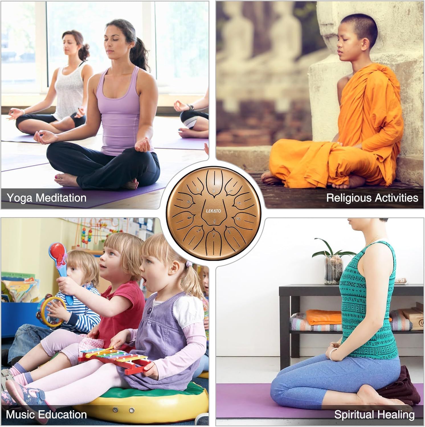 Demonstrates the versatility of the product (likely a meditation drum or spiritual instrument) by showing it can be used across multiple contexts including yoga, religious practice, children's music…