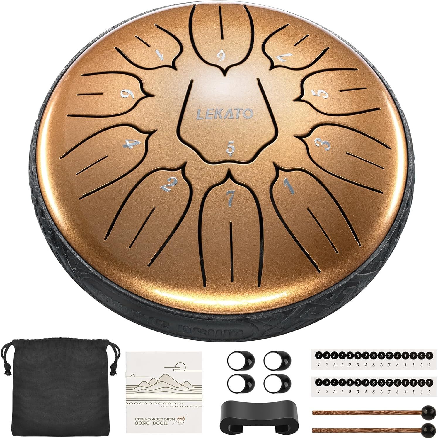 Shows everything included with the steel tongue drum purchase: the drum itself, carrying bag, songbook, finger picks, note stickers, stand, and mallets to reassure shoppers they receive a complete…