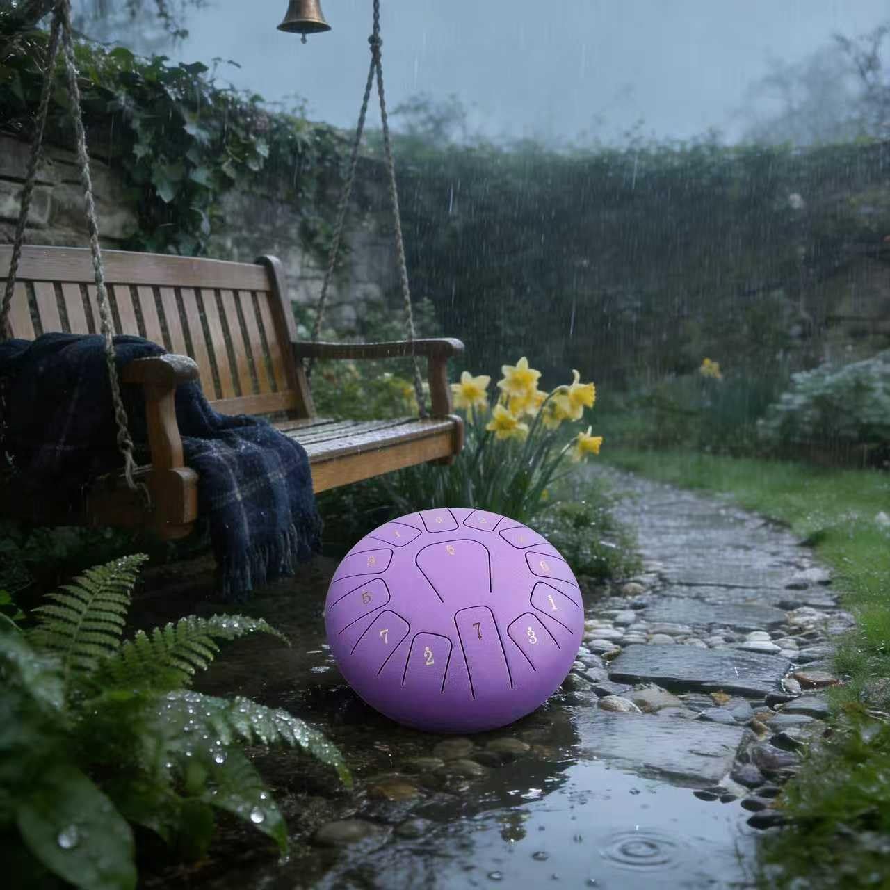 Showcases the product in a serene, real-world outdoor environment to help shoppers visualize how the steel tongue drum fits into a peaceful, meditative lifestyle setting.