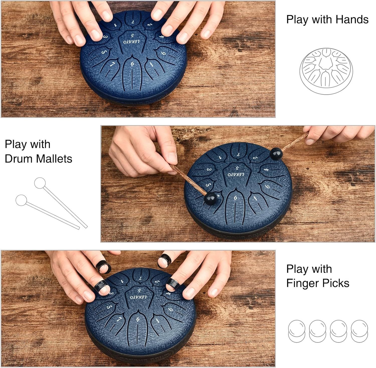 Demonstrates three different ways to play the steel tongue drum (with hands, drum mallets, or finger picks) to help shoppers understand the versatility and ease of use of the instrument. Shows the…