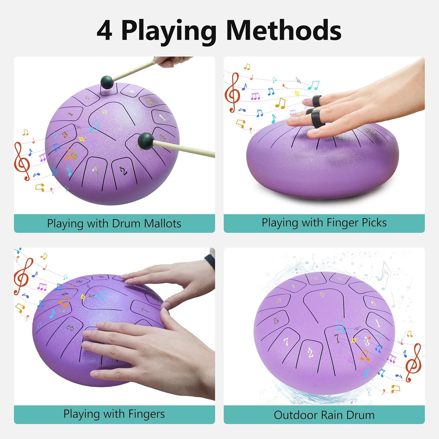 Demonstrates the product's versatility by showing four different ways to play the steel tongue drum, reassuring shoppers that it can be used with mallets, finger picks, bare hands, or outdoors.
