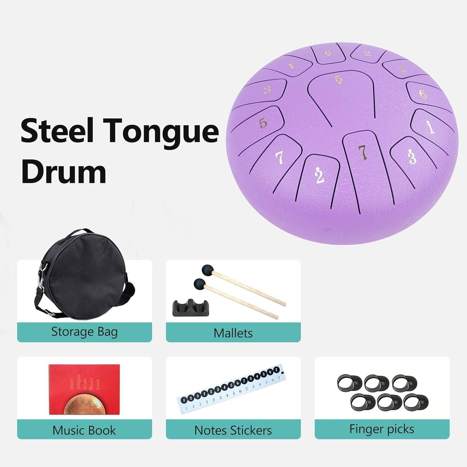 Shows everything included in the purchase to reassure shoppers they are getting a complete steel tongue drum kit with all necessary accessories.
