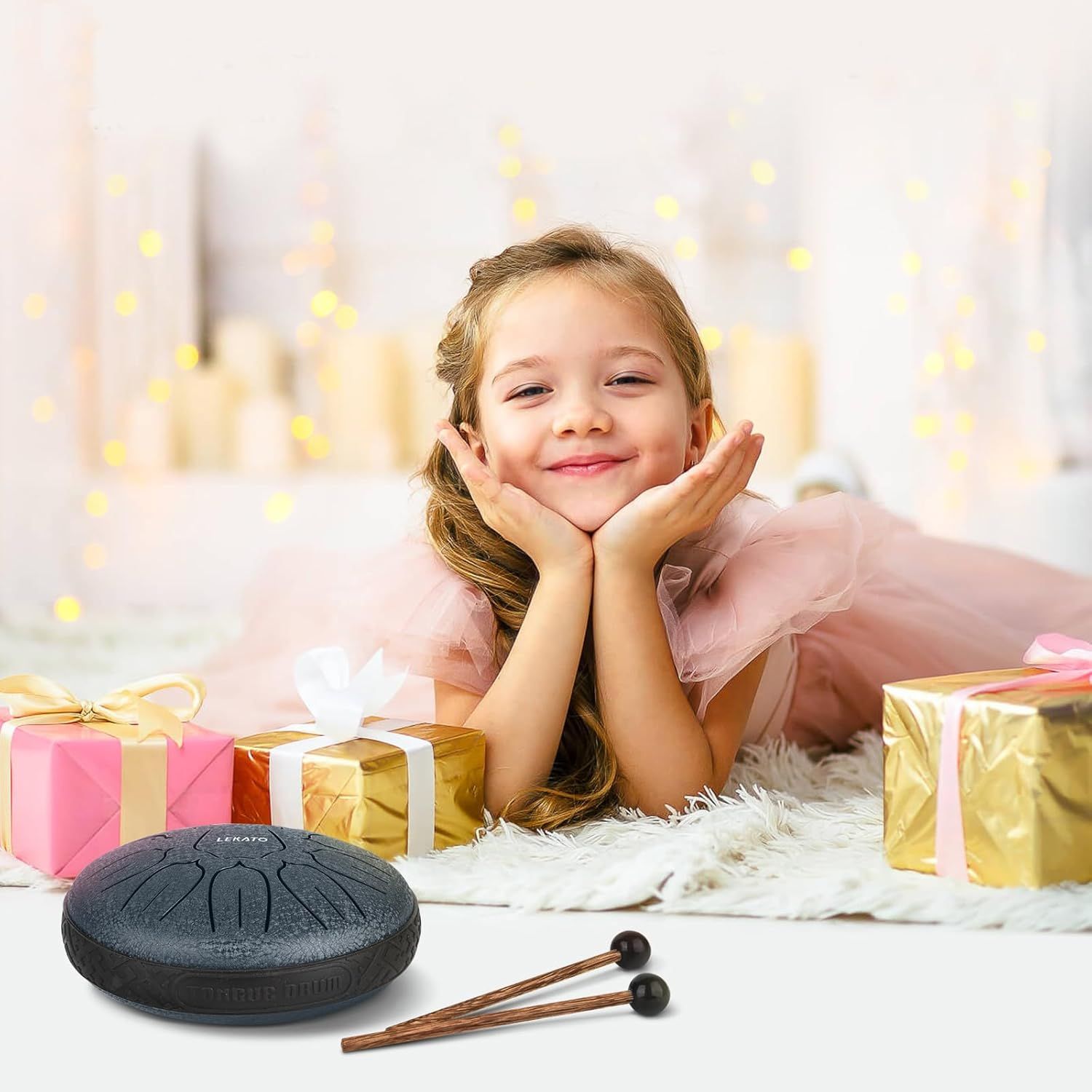 Positions the product as a perfect gift for children during holidays or special occasions, using festive wrapped presents and celebratory decor to create emotional appeal.
