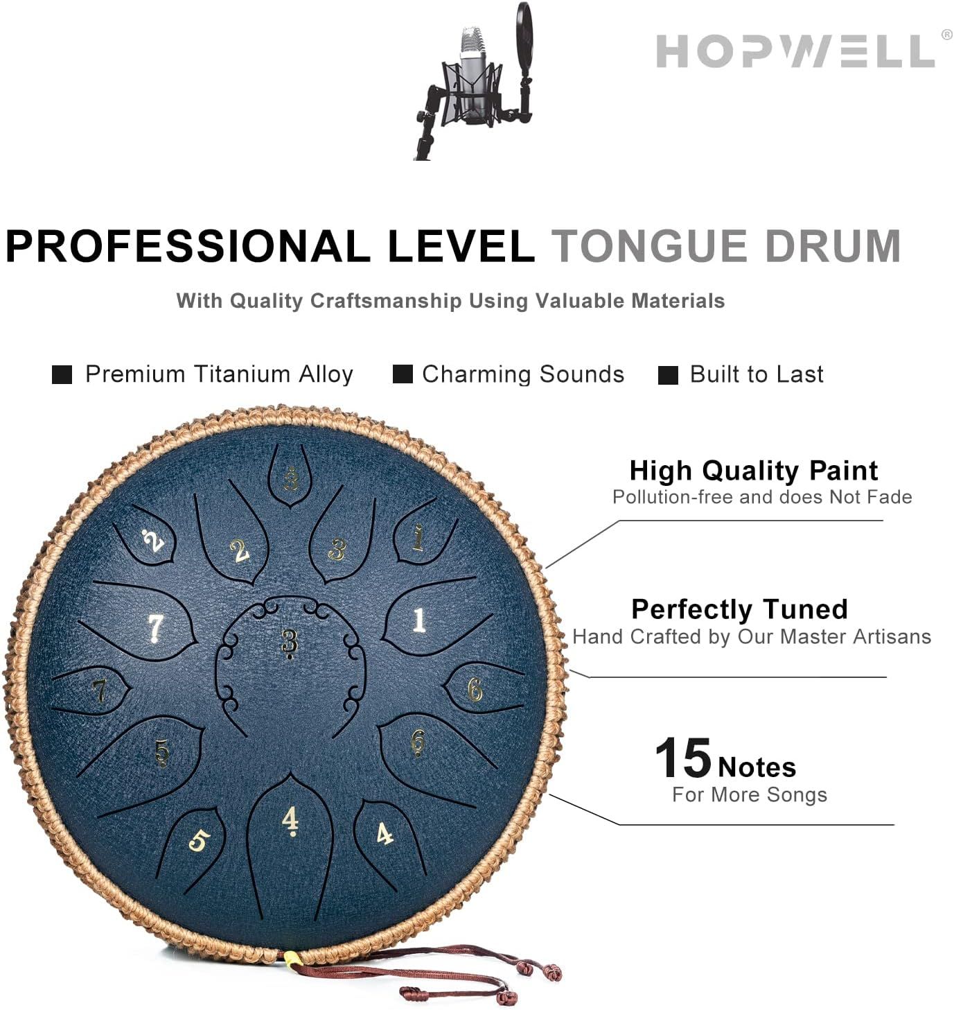 Communicates multiple selling benefits of the tongue drum including premium materials, sound quality, durability, paint quality, craftsmanship, and musical range to demonstrate professional-level…