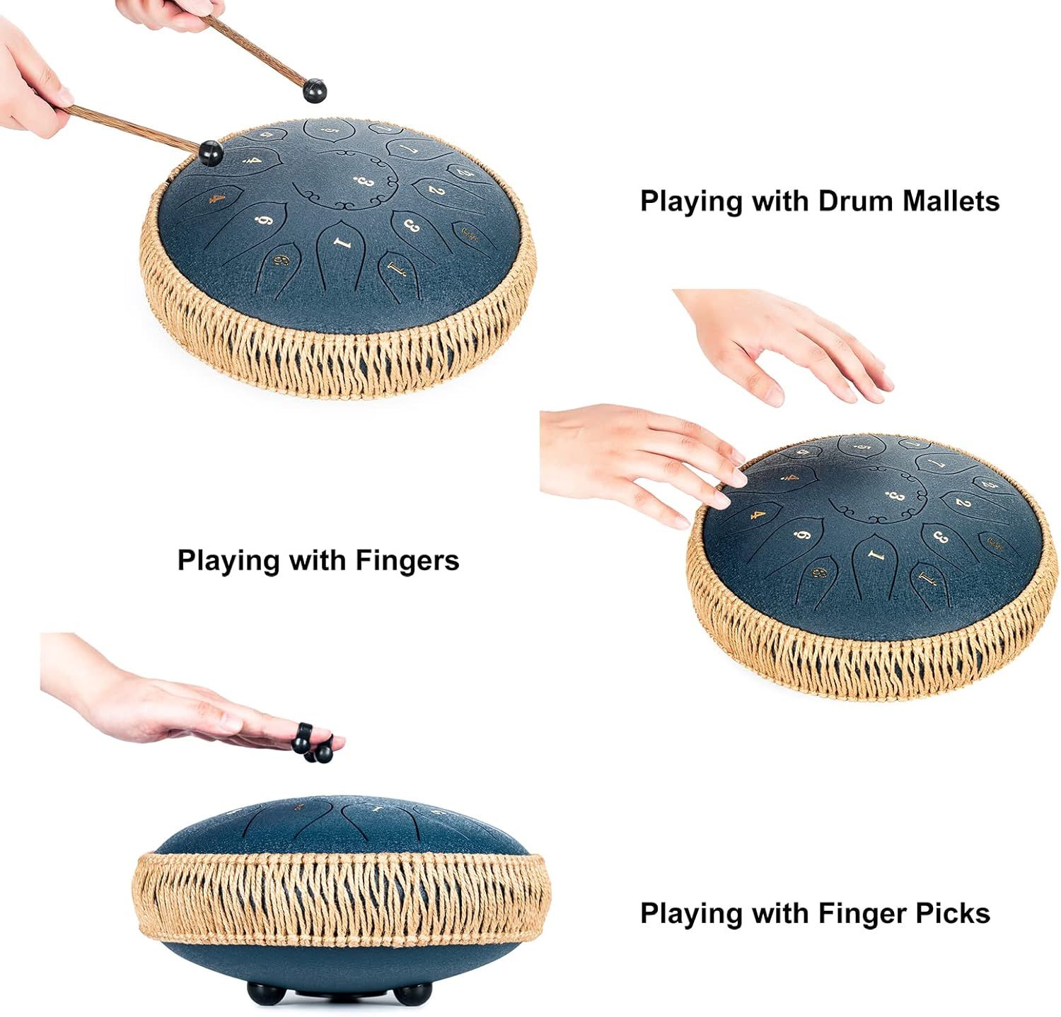 Demonstrates the product's versatility by showing three different ways to play the steel tongue drum (with mallets, fingers, and finger picks), reassuring shoppers that the instrument offers…