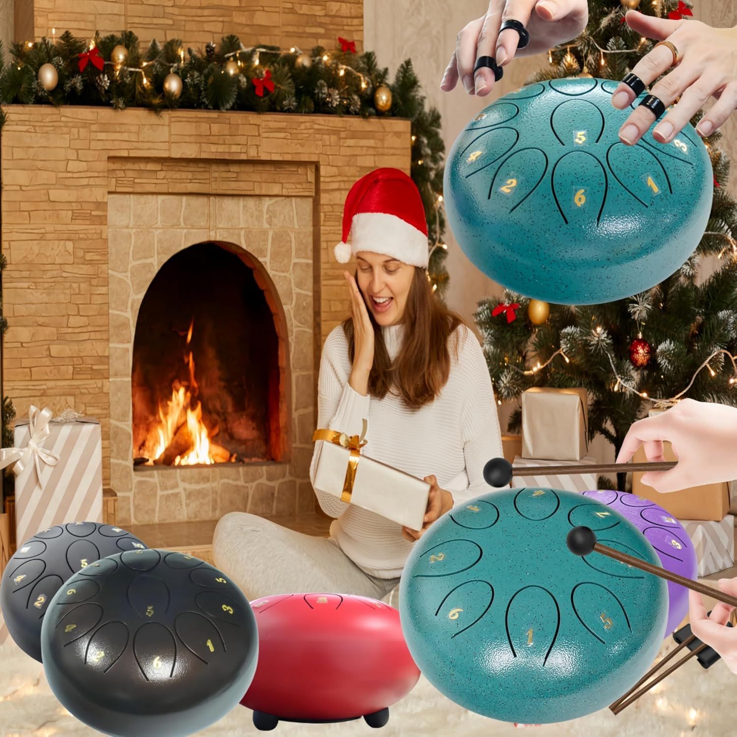 Positions the product as a perfect holiday gift by showcasing it in a festive Christmas setting with a person opening presents, encouraging seasonal purchase intent. Displays the brand's product…