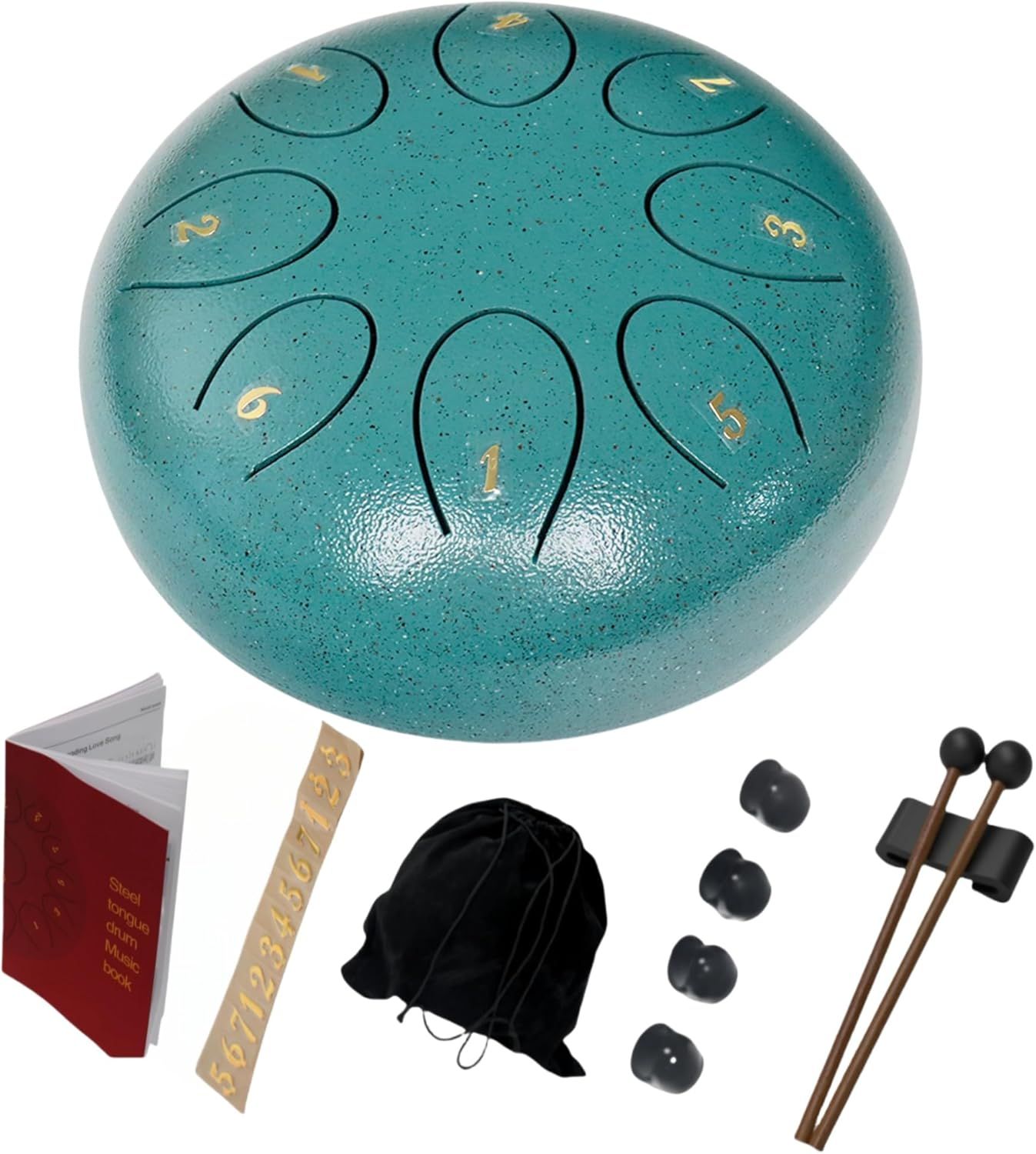 Shows everything included in the purchase: the steel tongue drum, mallets, carrying bag, finger picks, instruction book, and sticker to reassure shoppers they receive a complete ready-to-play kit.