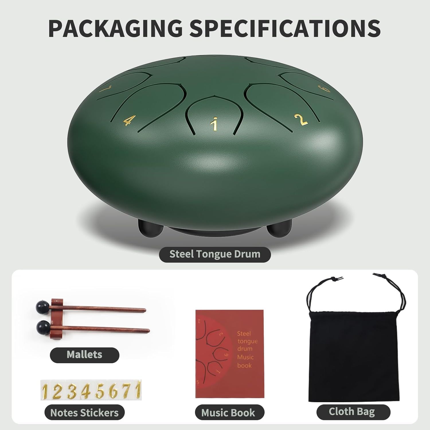 Shows everything included with the steel tongue drum purchase to help shoppers understand the full value of the bundle, including the drum, mallets, music book, note stickers, and storage bag.