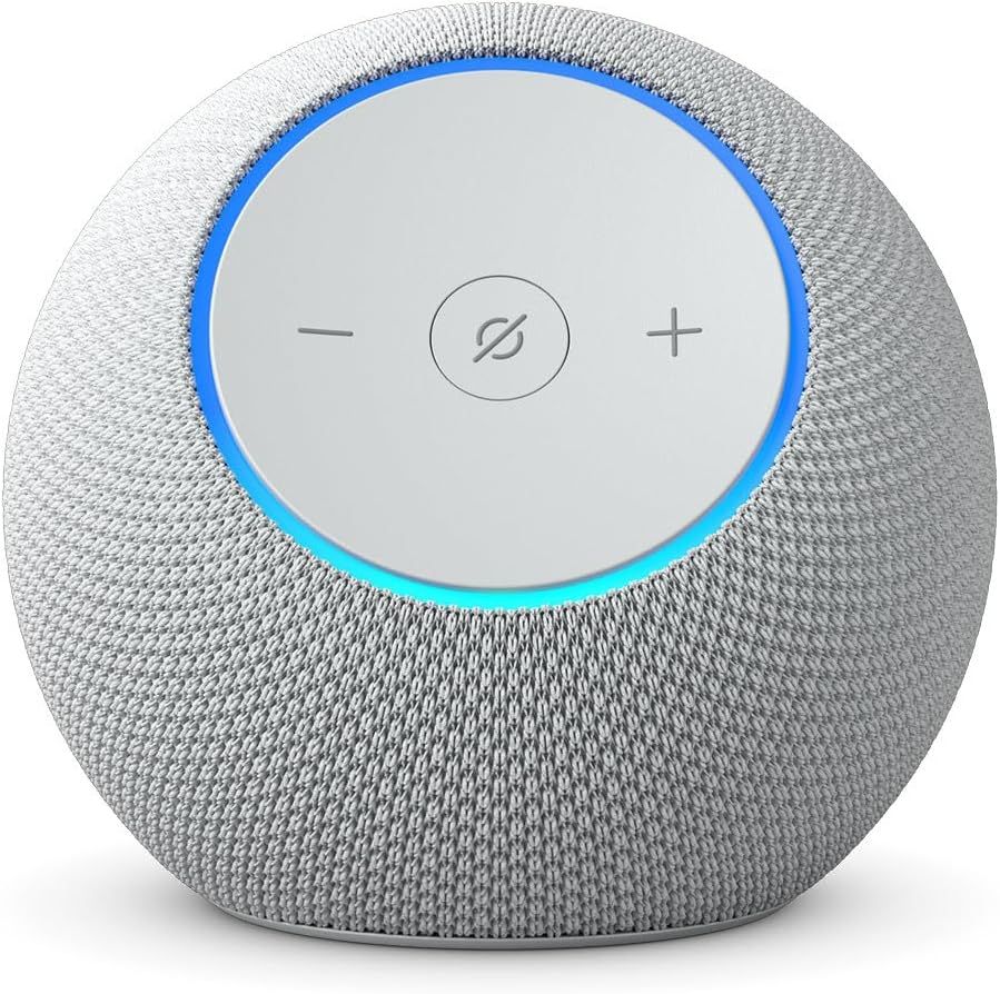 Provides a clean, catalog-style view of the smart speaker showing its design, fabric texture, and control interface without distractions.