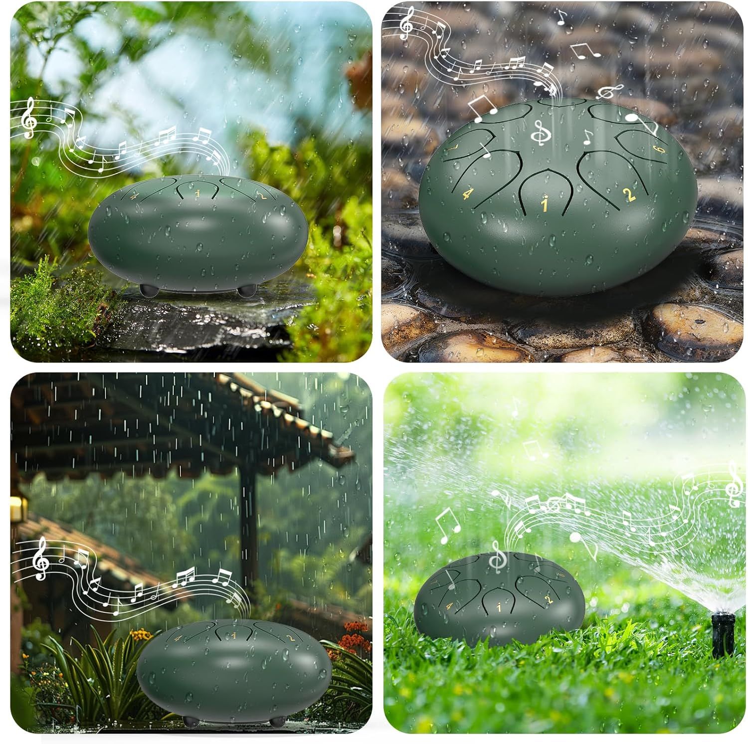 Demonstrates the product's versatility by showing it can be used in multiple real-world environments—outdoor garden, rainy patio, and lawn with sprinkler—to reassure shoppers it works in various…